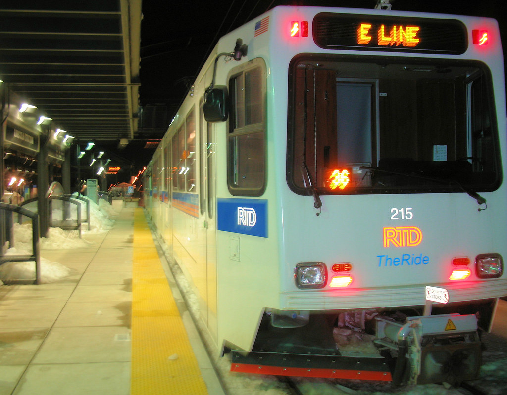 A Denver light rail train at Lincoln Station.