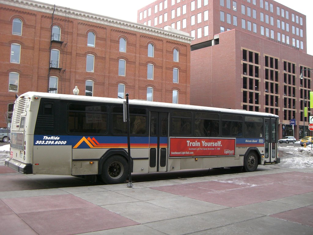 An RTD bus at a transit stop.