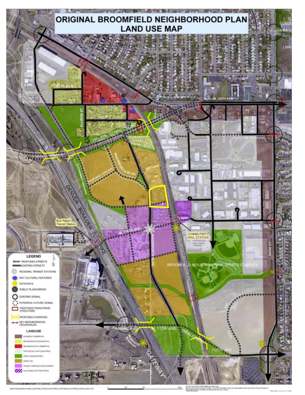 The Original Broomfield Neighborhood Plan land-use map from the city study-session packet, showing roads, boundaries and designated land uses in the area around the proposed VFW-site housing concept.
