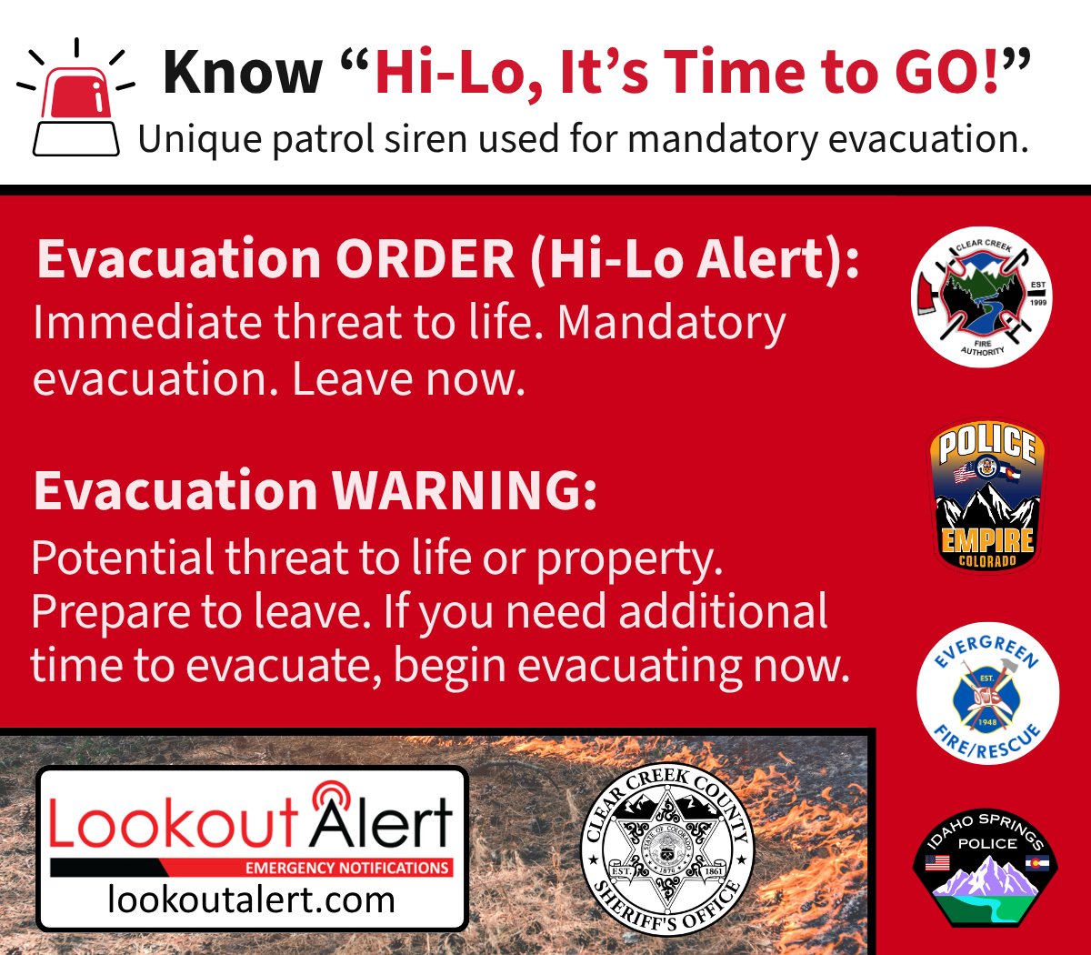 An emergency-information graphic explains the Hi-Lo siren and the meanings of Evacuation Warning and Evacuation Order.