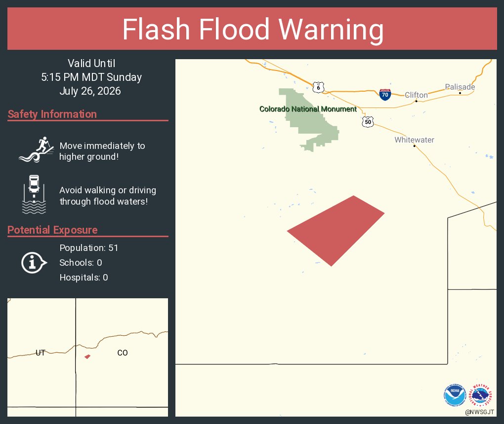 A Colorado Emergency Management graphic shows a flash flood warning for west-central Mesa County in effect until 5:15 p.m. MDT and urges people to avoid floodwater and move to higher ground.