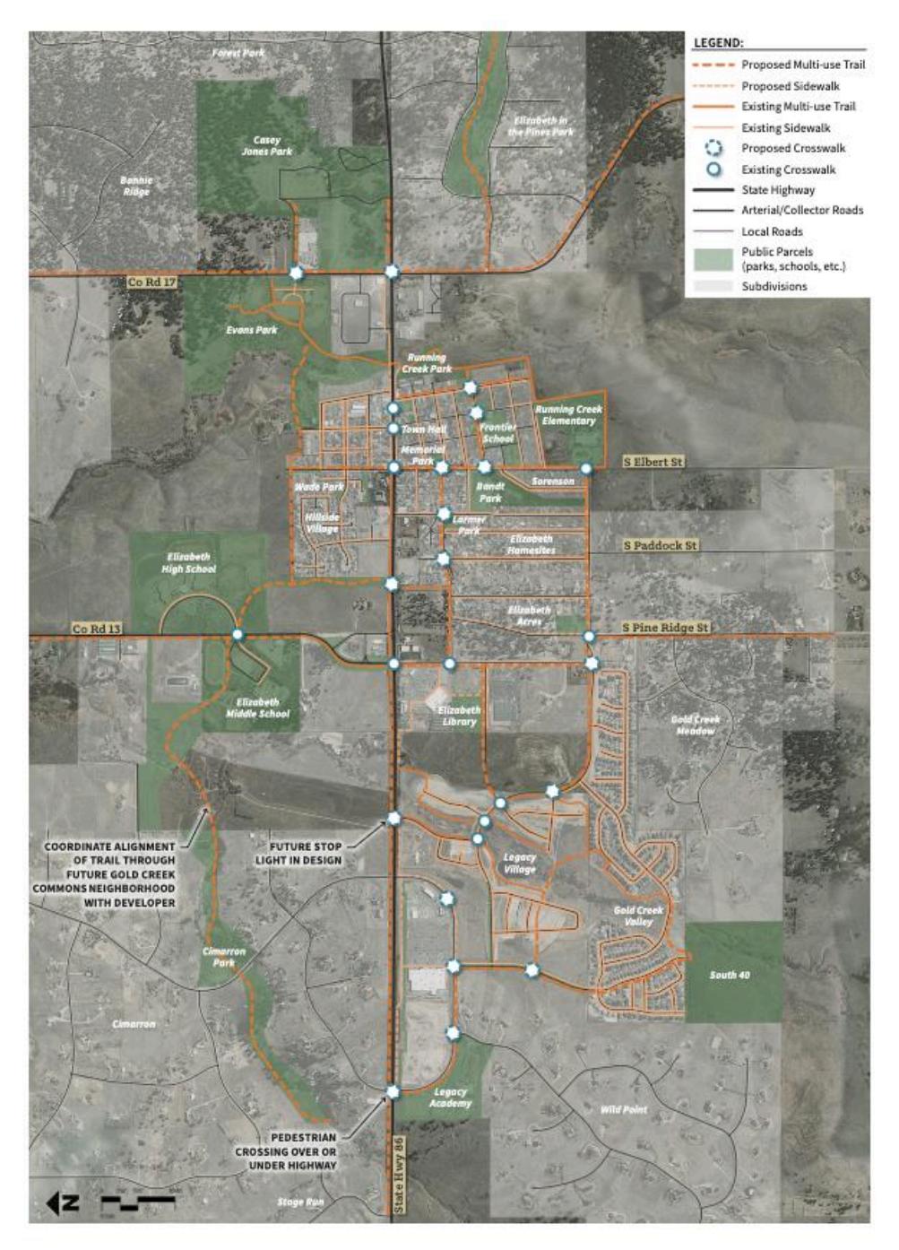 The PROST Town Trail Plan shows proposed and existing trail connections, sidewalks, roadways and destinations including Elizabeth High School, Elizabeth Middle School, Town Hall and Elizabeth Park. The plan is separate from the proposed e-bike ordinance and does not show the ordinance's affected areas.