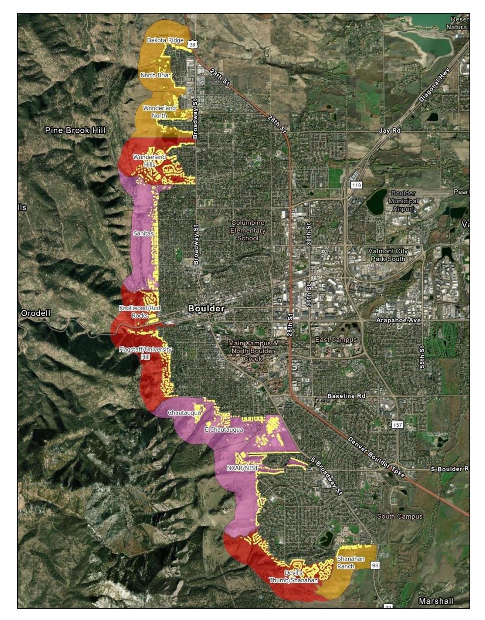 A map of Boulder and surrounding foothills showing 12 wildland-urban-interface sections grouped into three risk groups, along with IR1 and IR2 parcels.