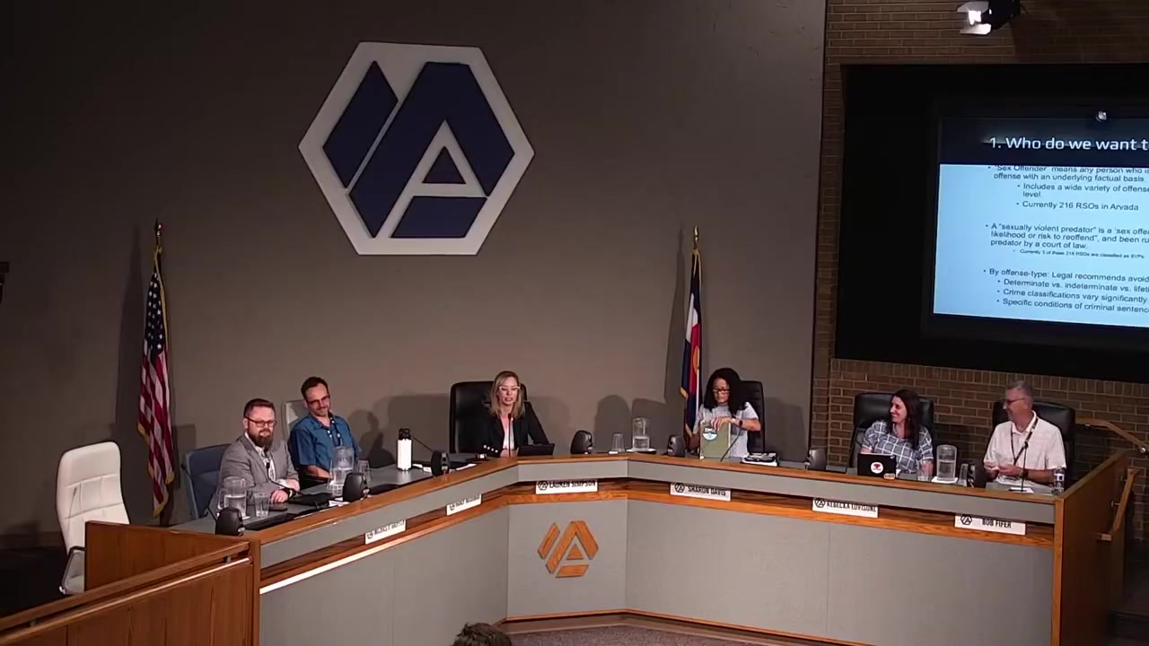 The Arvada City Council holds the workshop where members discussed proposed residential buffers for registered sex offenders.