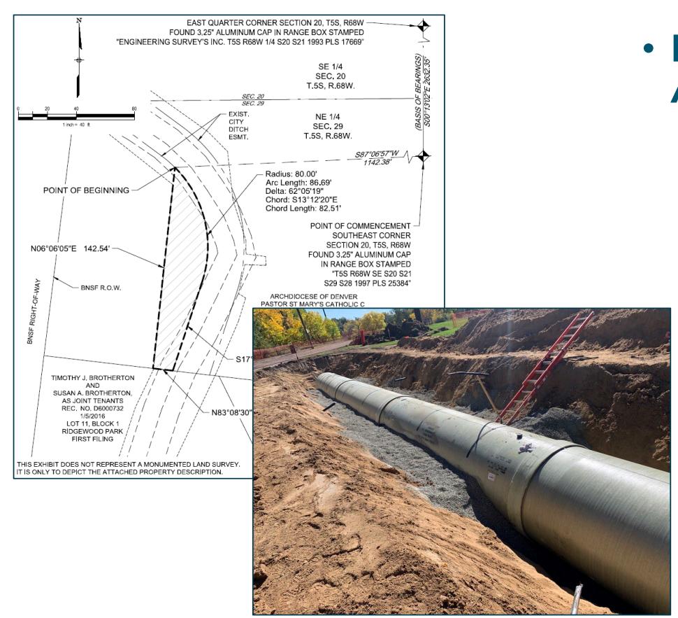 Project graphic pairing the proposed St. Mary’s easement survey with a photograph of large pipe in a construction trench.