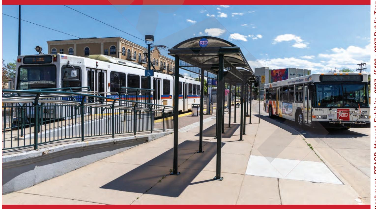 An RTD light-rail train and bus are pictured at a transit stop.