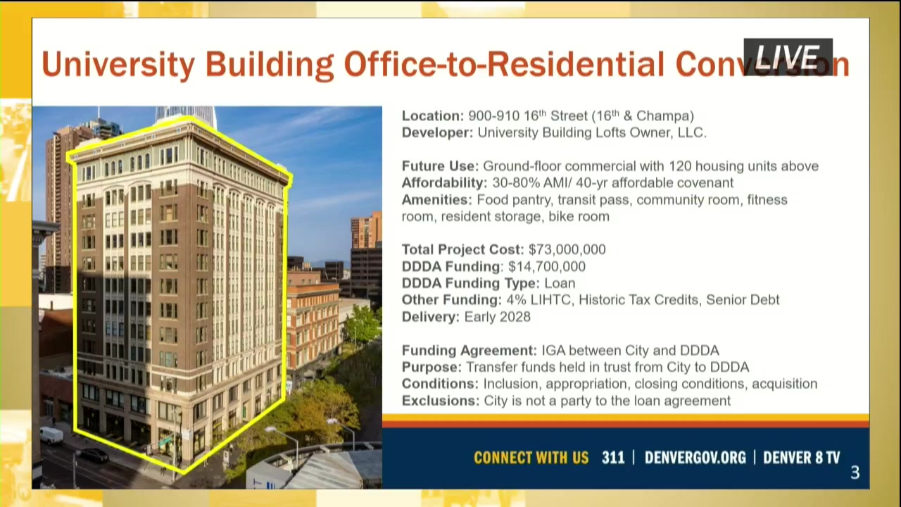 Presentation slide for Denver's University Building office-to-residential conversion, planned to create 120 affordable homes.