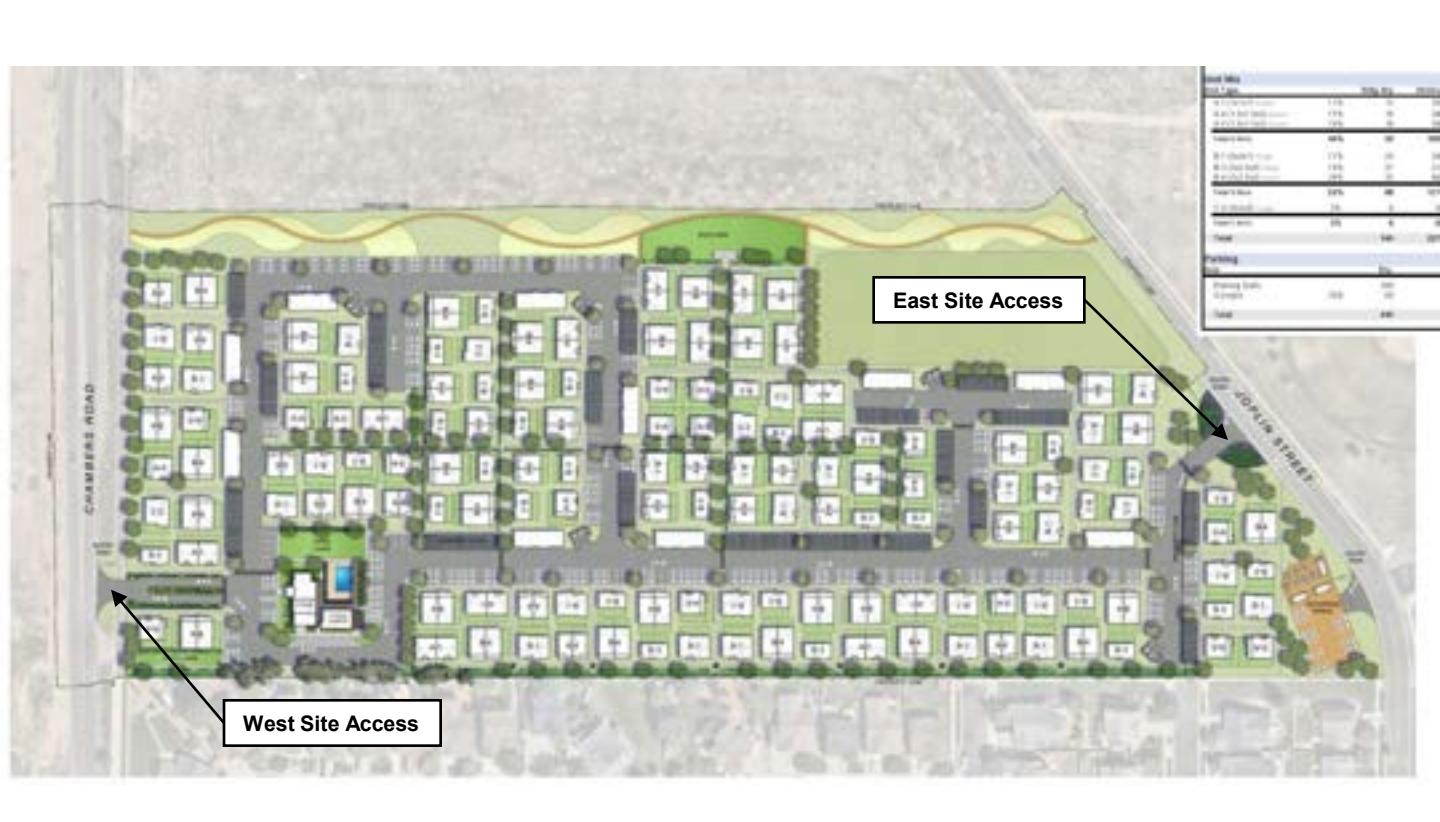 Conceptual site plan for YardHomes Fronterra Park, showing the proposed residential layout and west and east site-access points.