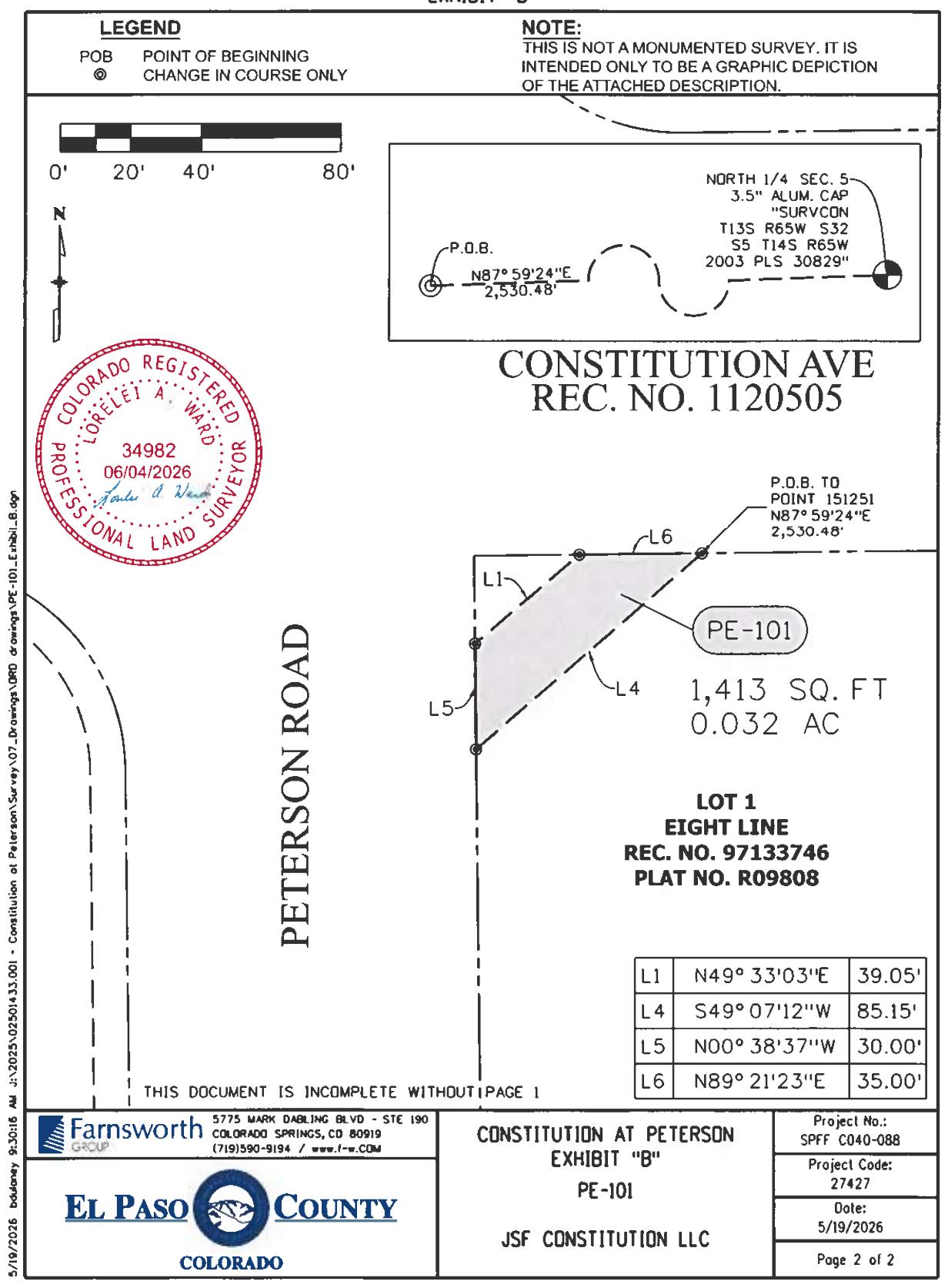 Engineering easement plat for Constitution Avenue at Peterson Road, showing the PE-101 permanent easement and its measured boundaries.