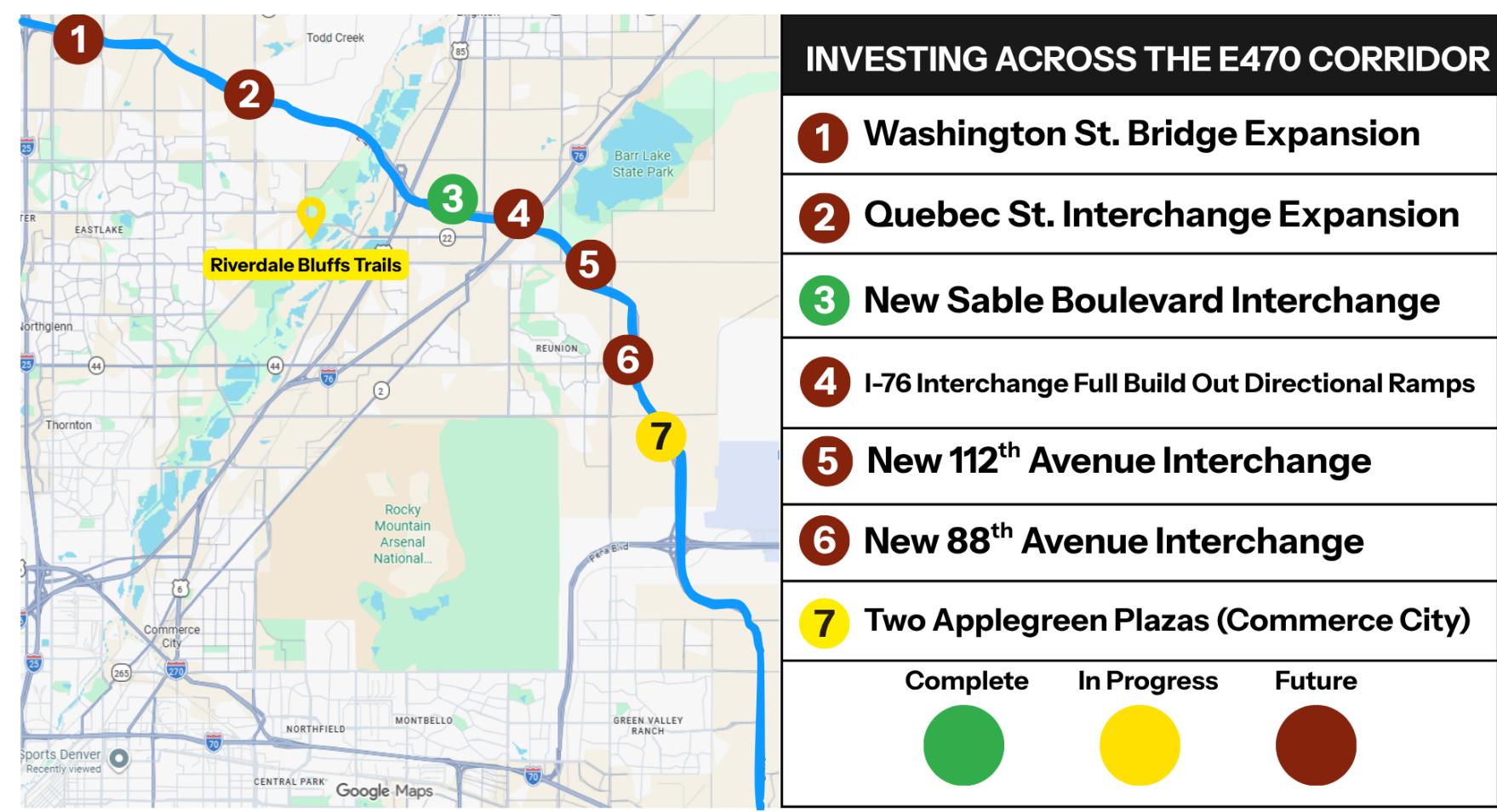 A map identifies E-470 corridor investments, including bridge and interchange expansions and planned Applegreen plazas in Commerce City.