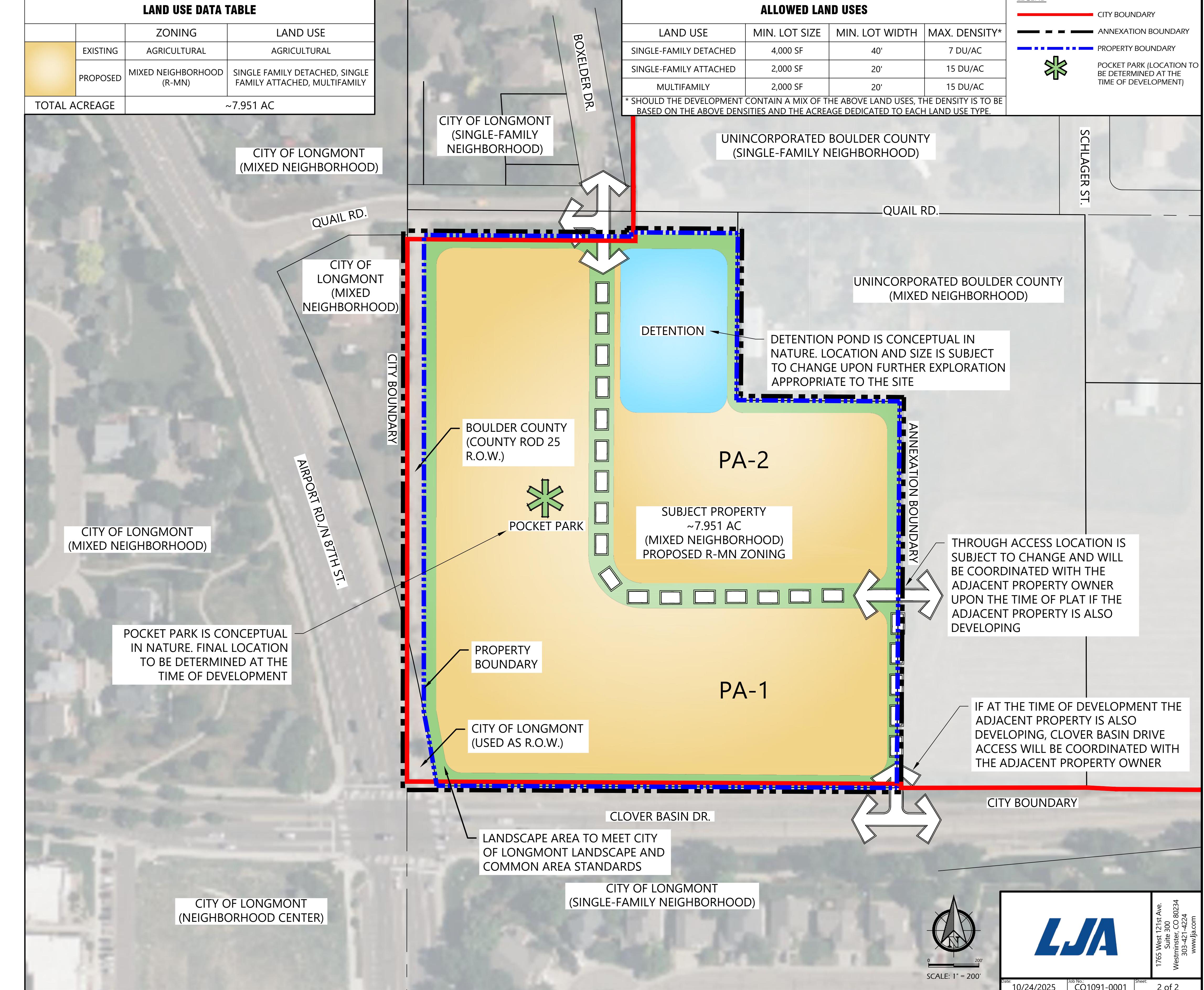 Concept plan for the proposed Dry Creek annexation, showing development areas, a detention or water-quality area, access points and surrounding properties.