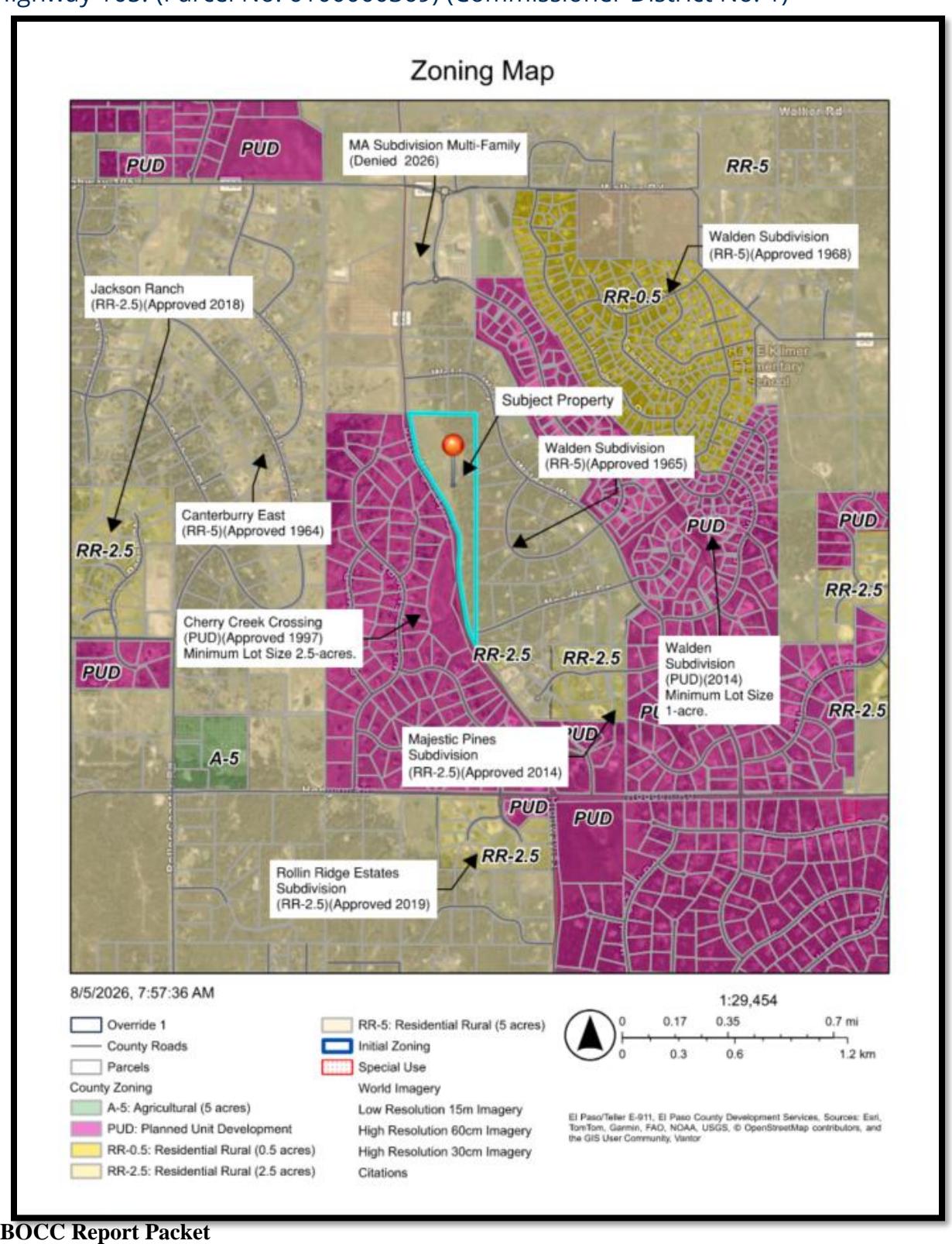 Zoning map marking the North Ranch subject property near Colorado Highway 83, with surrounding RR-5, RR-2.5 and nearby subdivision areas.
