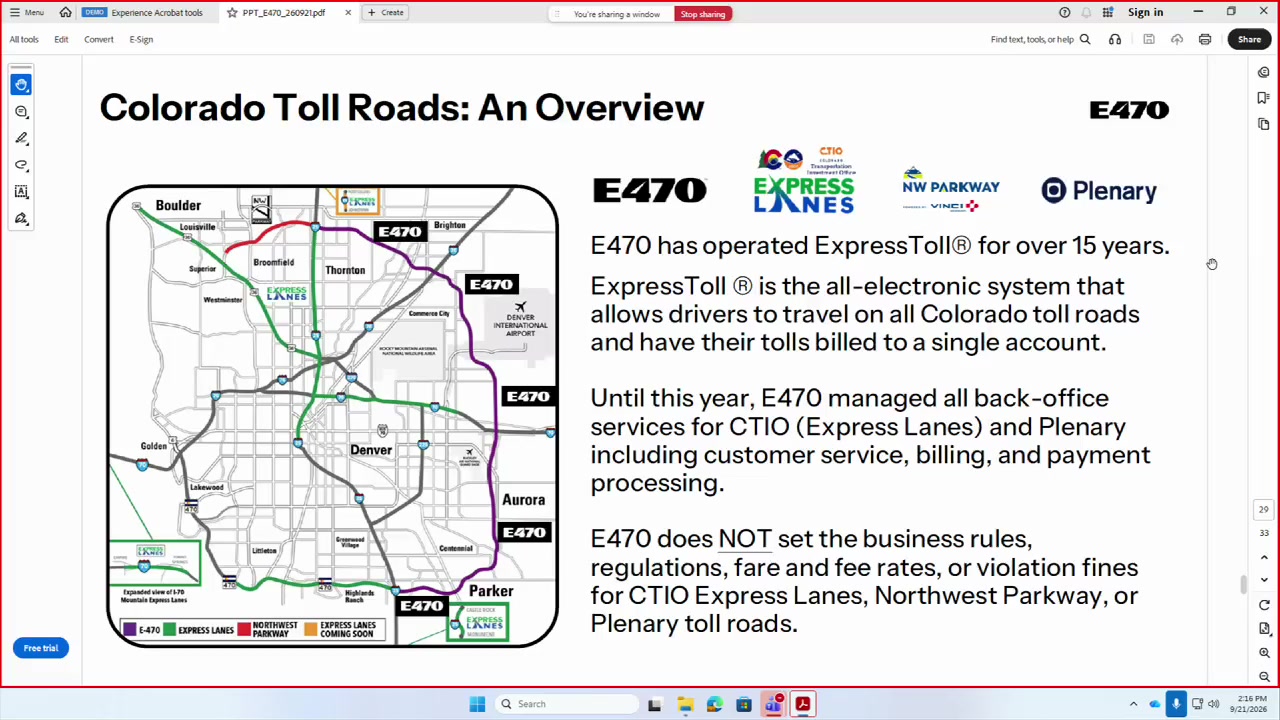 A presentation slide maps Colorado toll facilities and identifies E-470, ExpressToll and Plenary.
