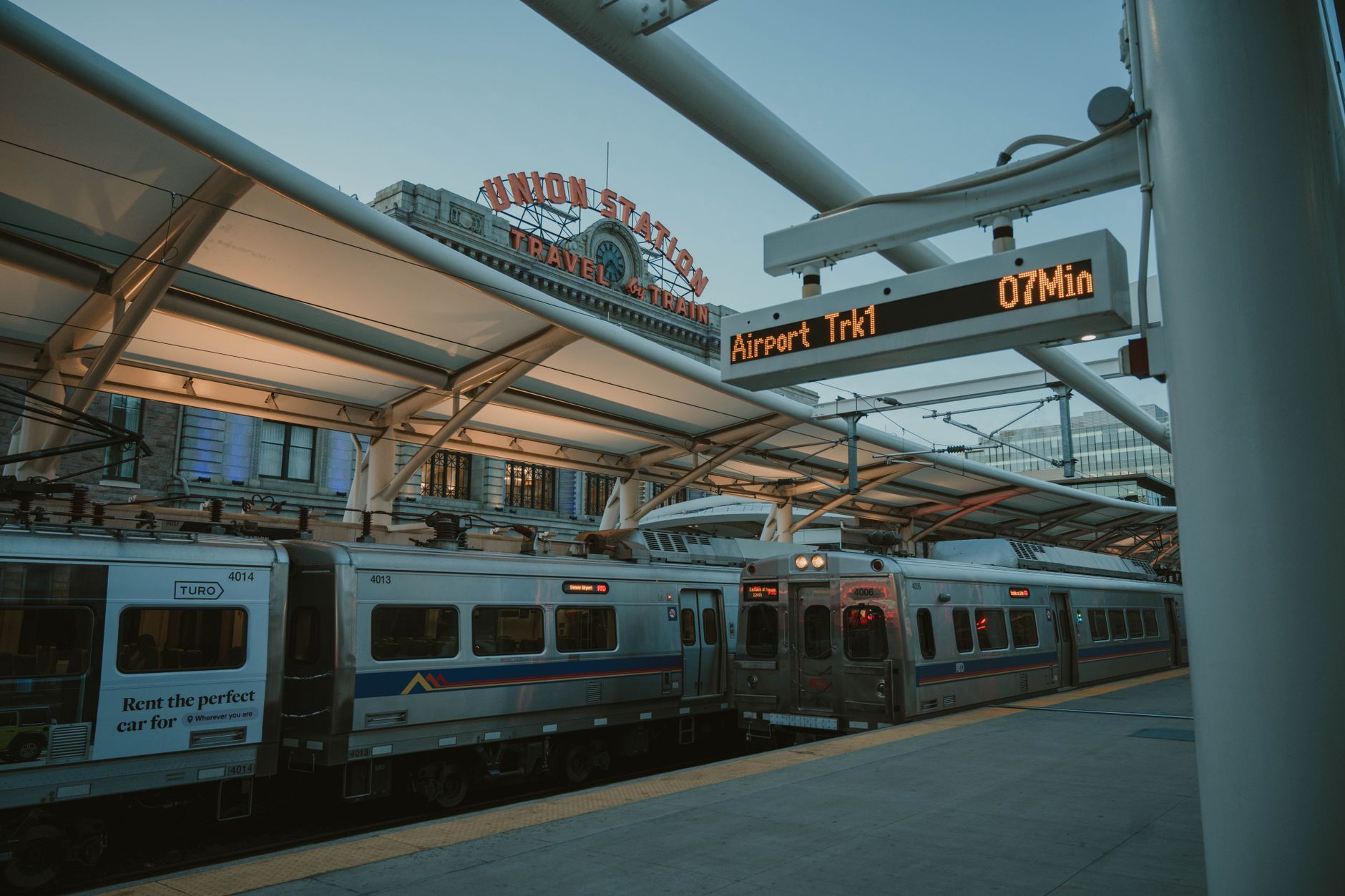 A passenger train at Denver Union Station.