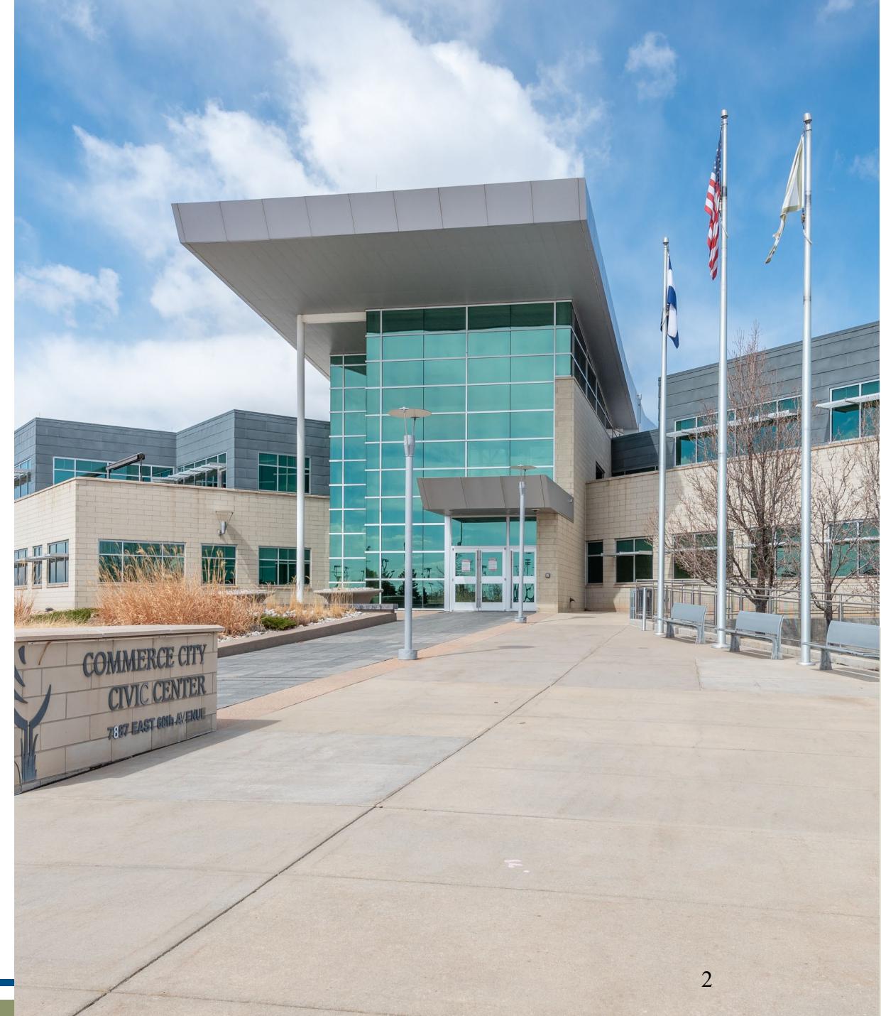 Architectural rendering of Commerce City Civic Center, identified by the sign in front of the building.