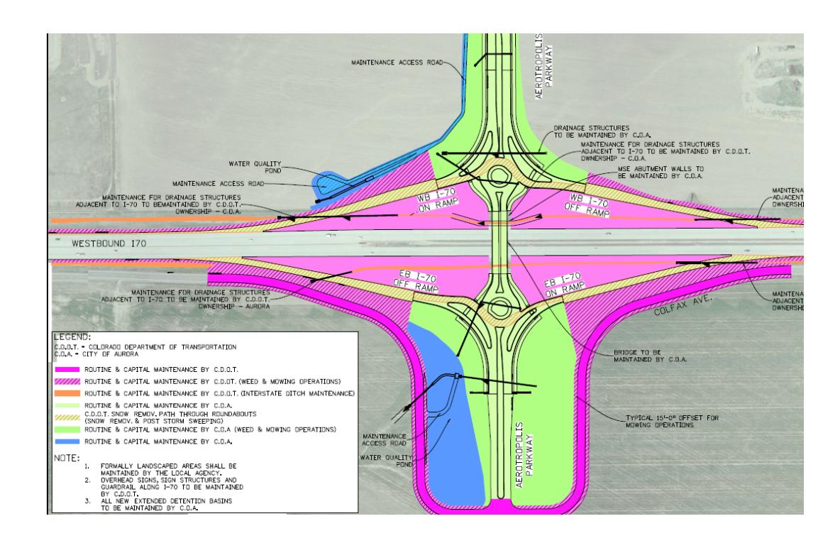 Color-coded plan diagram of the proposed road interchange, showing roadways and ramps.