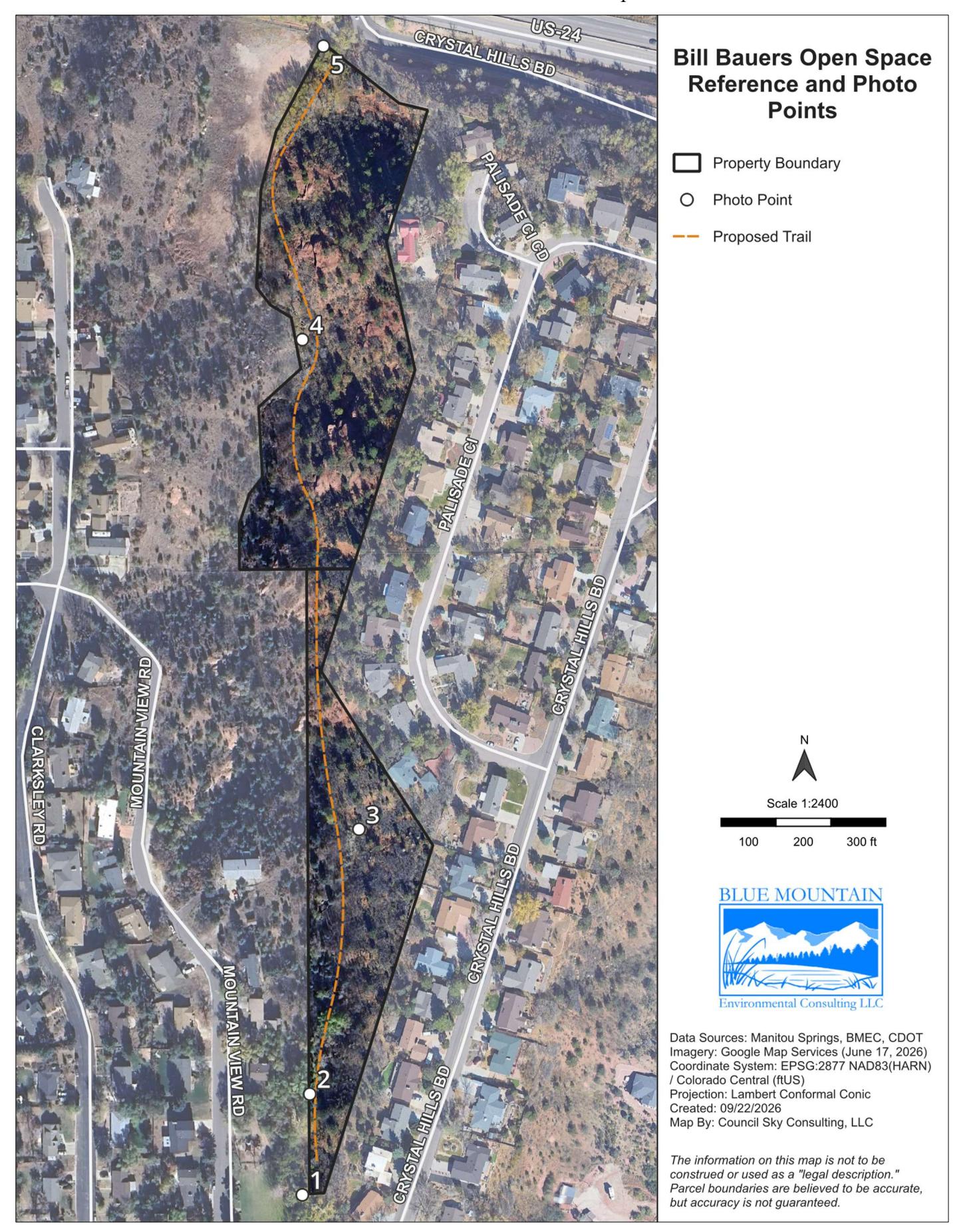 Assessment map of Bill Bauer Open Space marking photo points and a proposed trail route.
