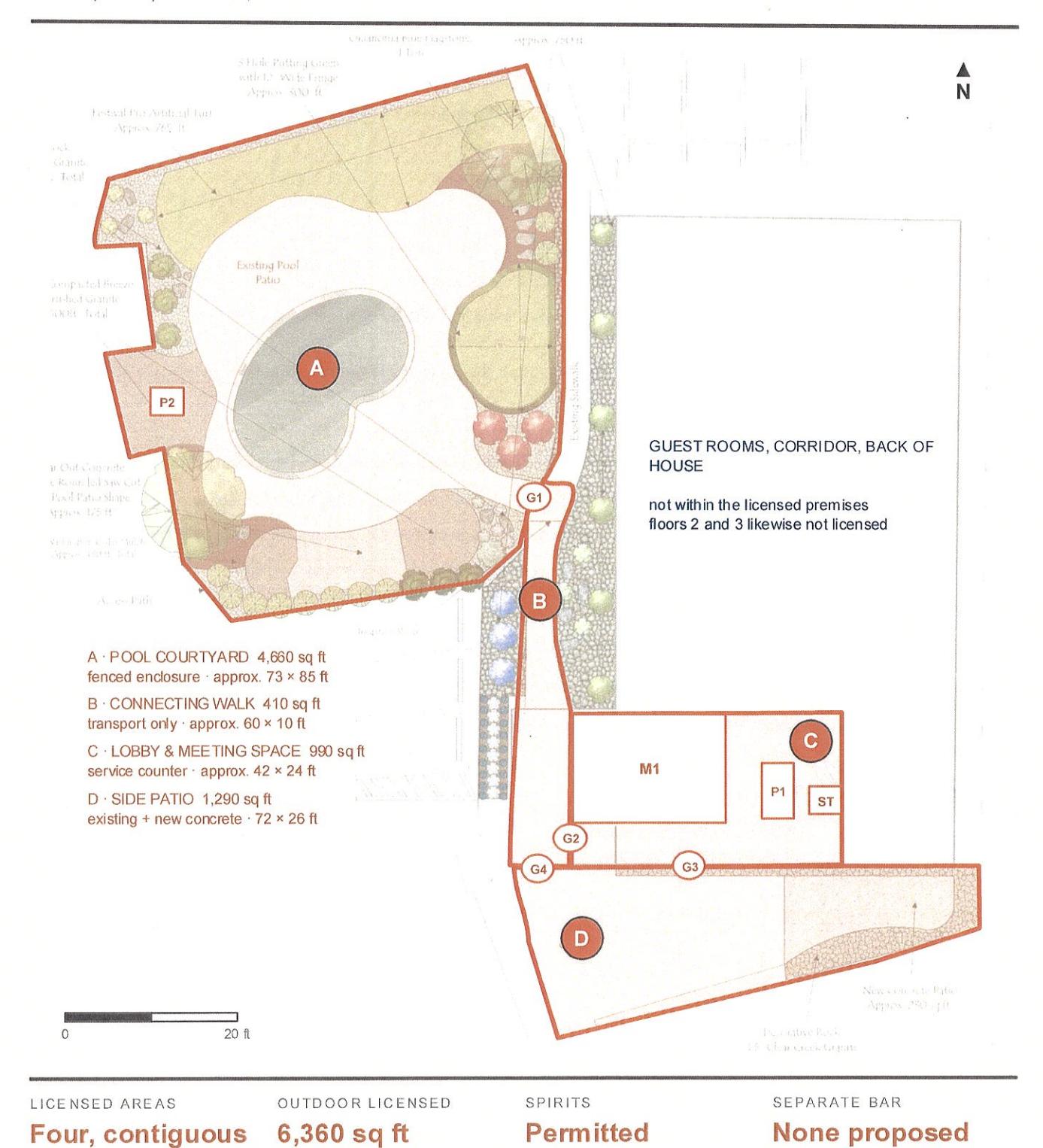 Diagram of the Outrider Hotel’s proposed licensed premises, outlining the pool courtyard, connecting walk, lobby and meeting space, and side patio. Guest rooms are outside the outlined areas.