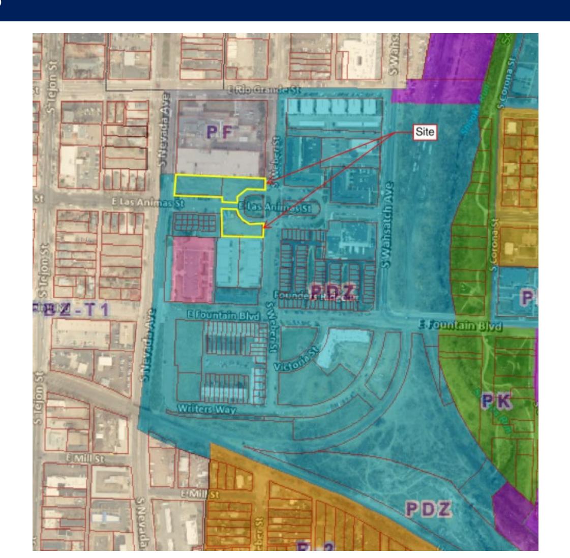 A zoning map marks the Lowell Commons site near East Las Animas Street and South Nevada Avenue.