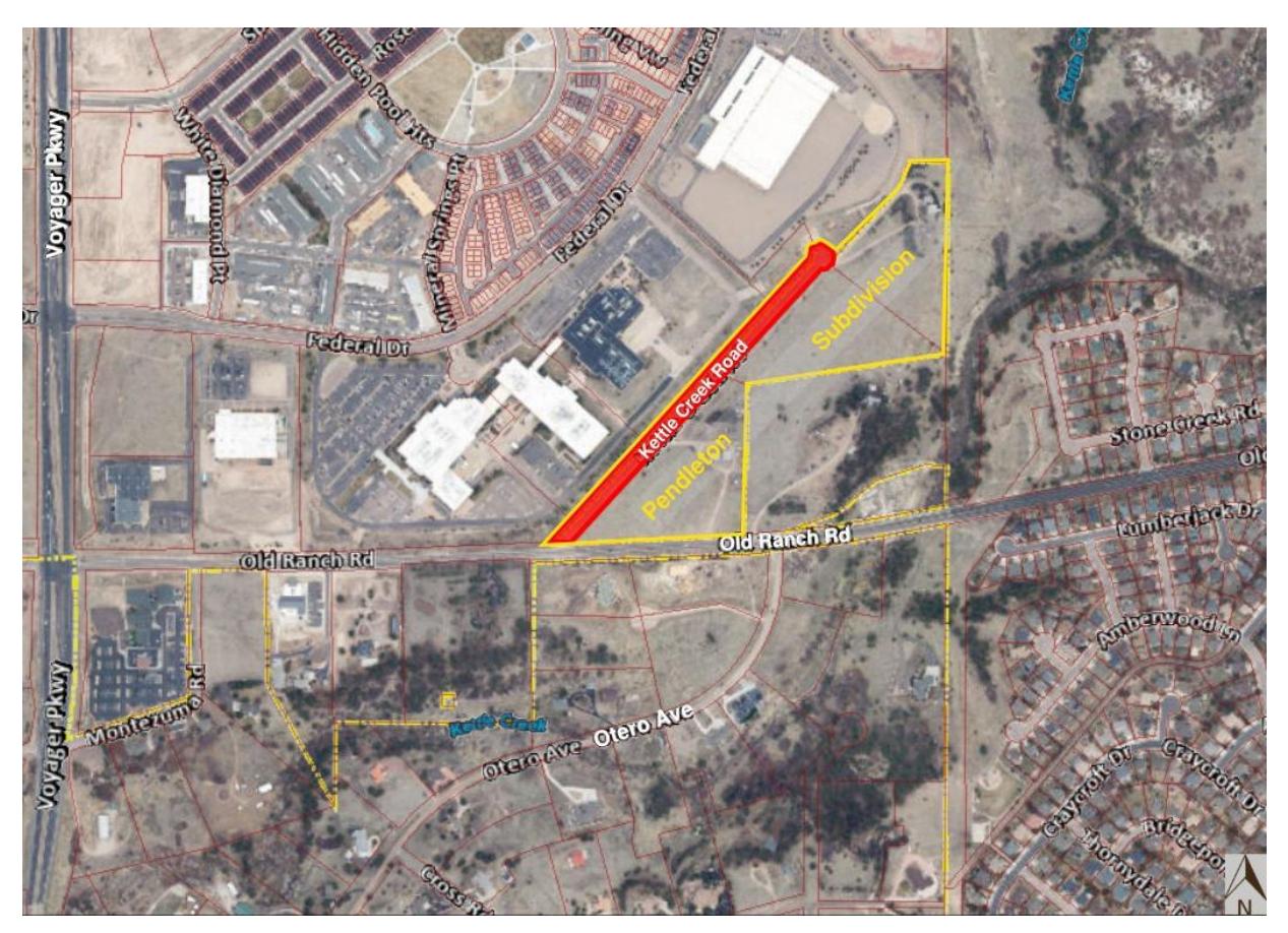 Aerial-style map highlighting the Kettle Creek Road segment proposed for vacation and the surrounding area near Old Ranch Road and Voyager Parkway.