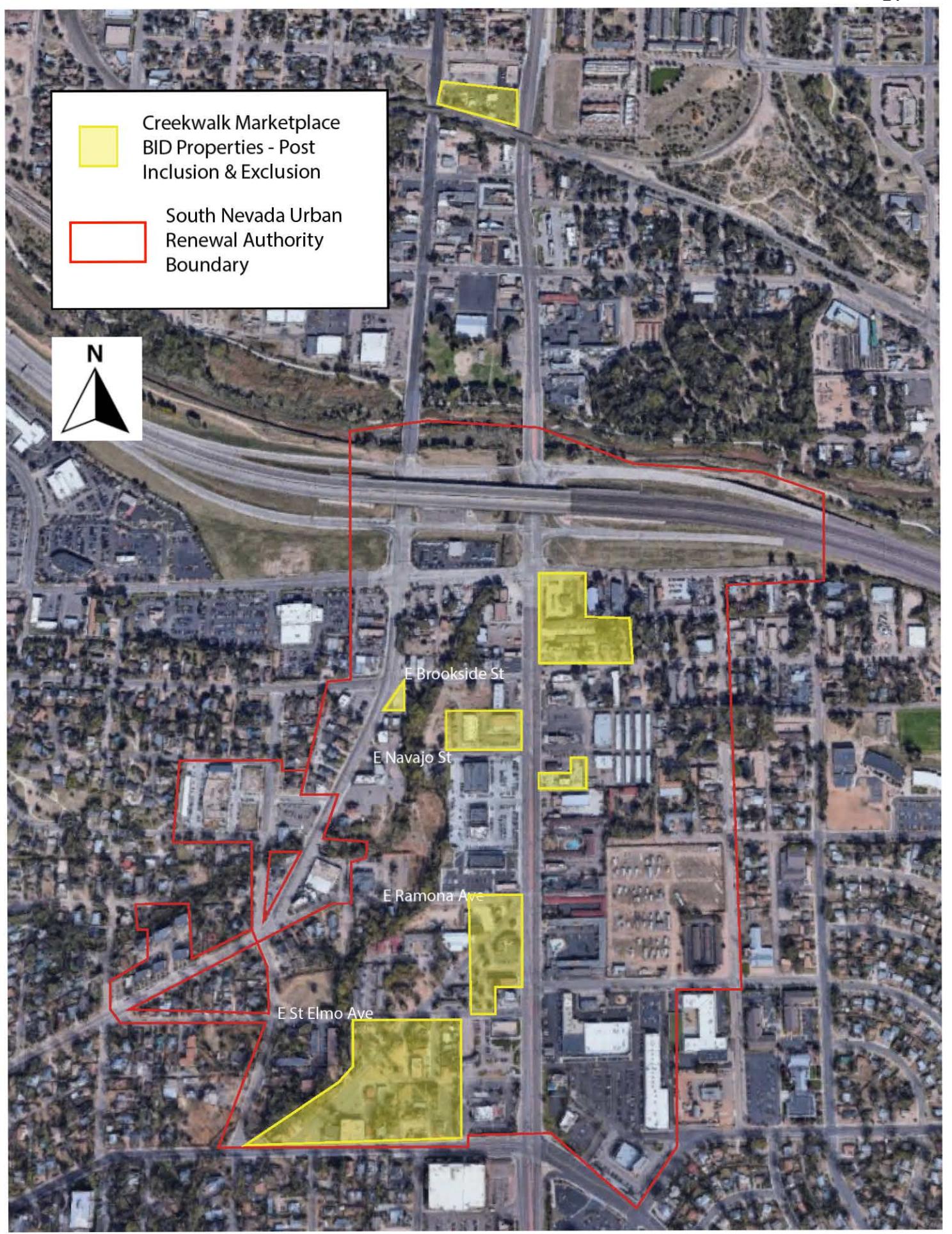 Map showing Creekwalk Marketplace BID properties in yellow and the South Nevada Urban Renewal Authority boundary in red.