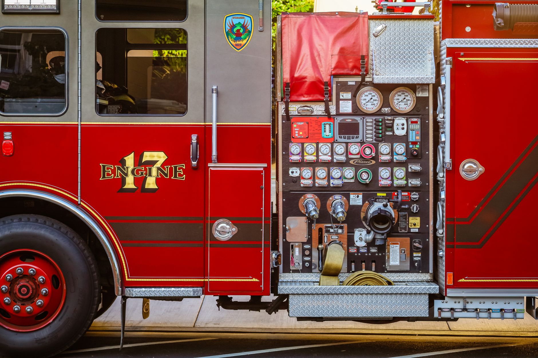 A fire engine’s equipment panel and side compartments.