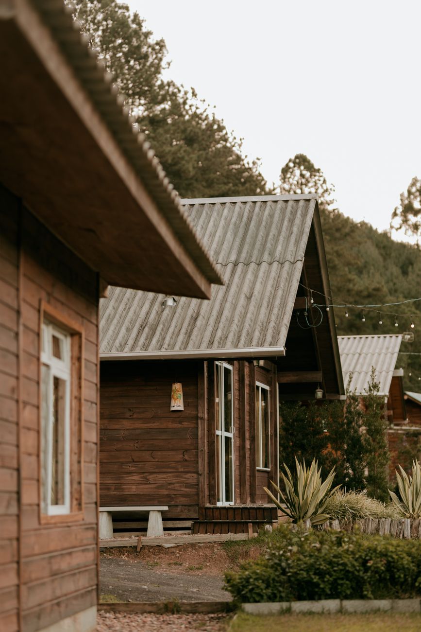 Wooden cabins among trees.