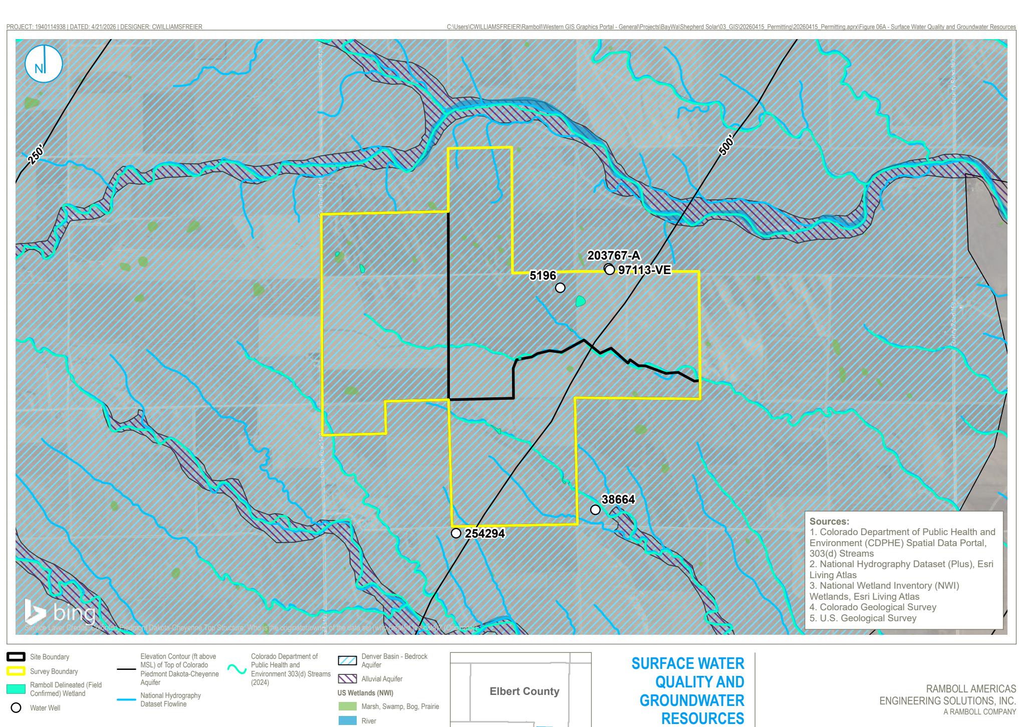 Map of surface-water and groundwater resources in the Shepherd Solar project area in Elbert County, Colorado. Blue lines and shaded areas mark mapped water features.
