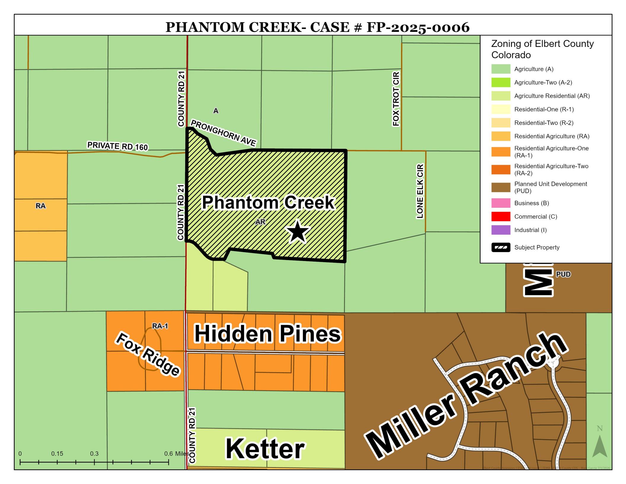 Zoning map from the Phantom Creek case materials, marking the property near County Road 21 and Pronghorn Avenue among surrounding parcels.