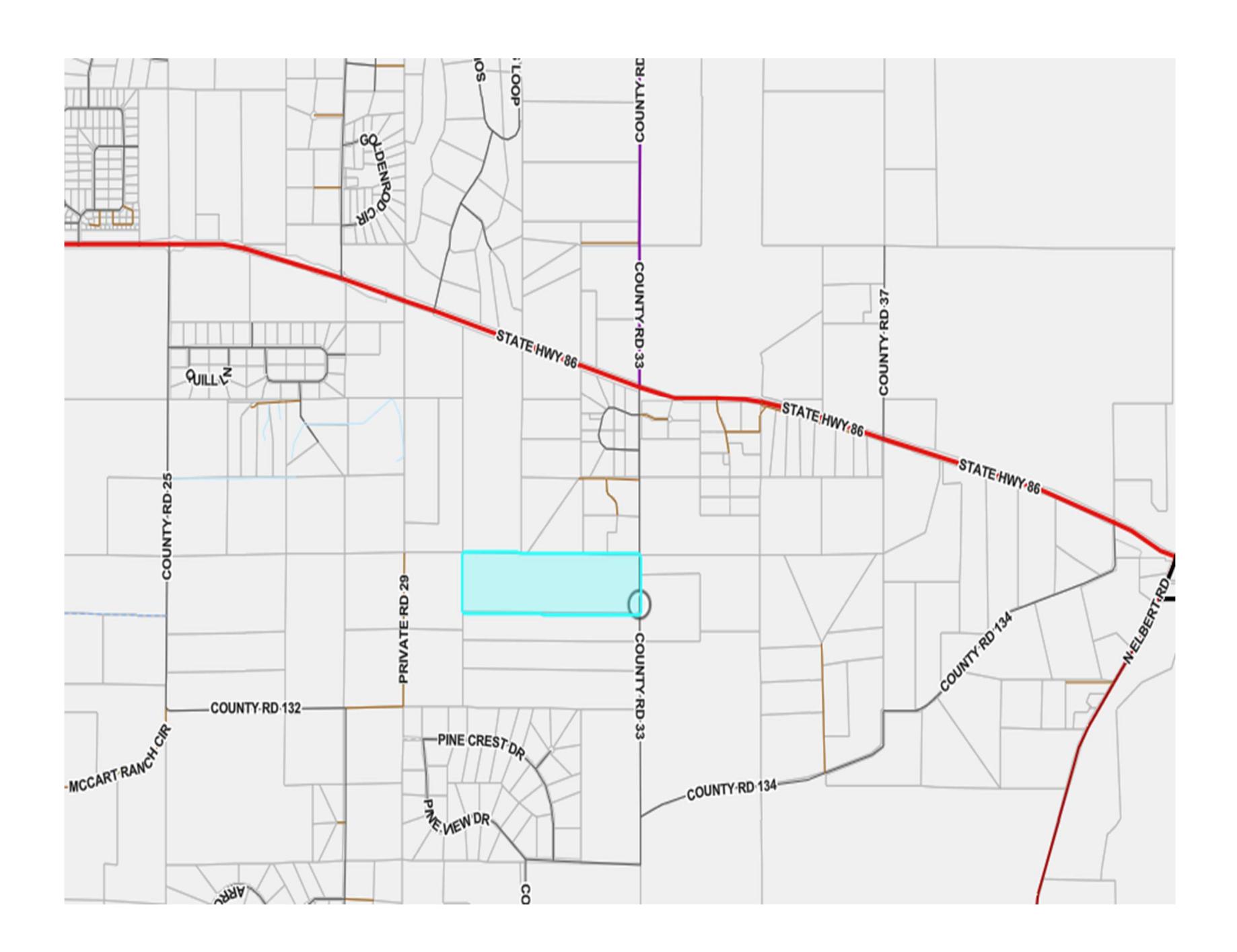 Road-and-parcel map from the application materials showing the highlighted area among nearby roads and parcels.