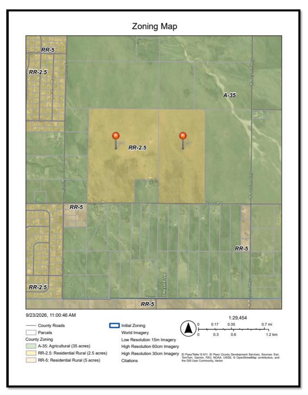 The county packet’s zoning map shows zoning districts and aerial context around the proposed area.