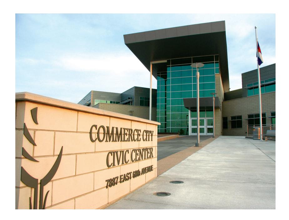 The Commerce City Civic Center, identified by the sign in the foreground.