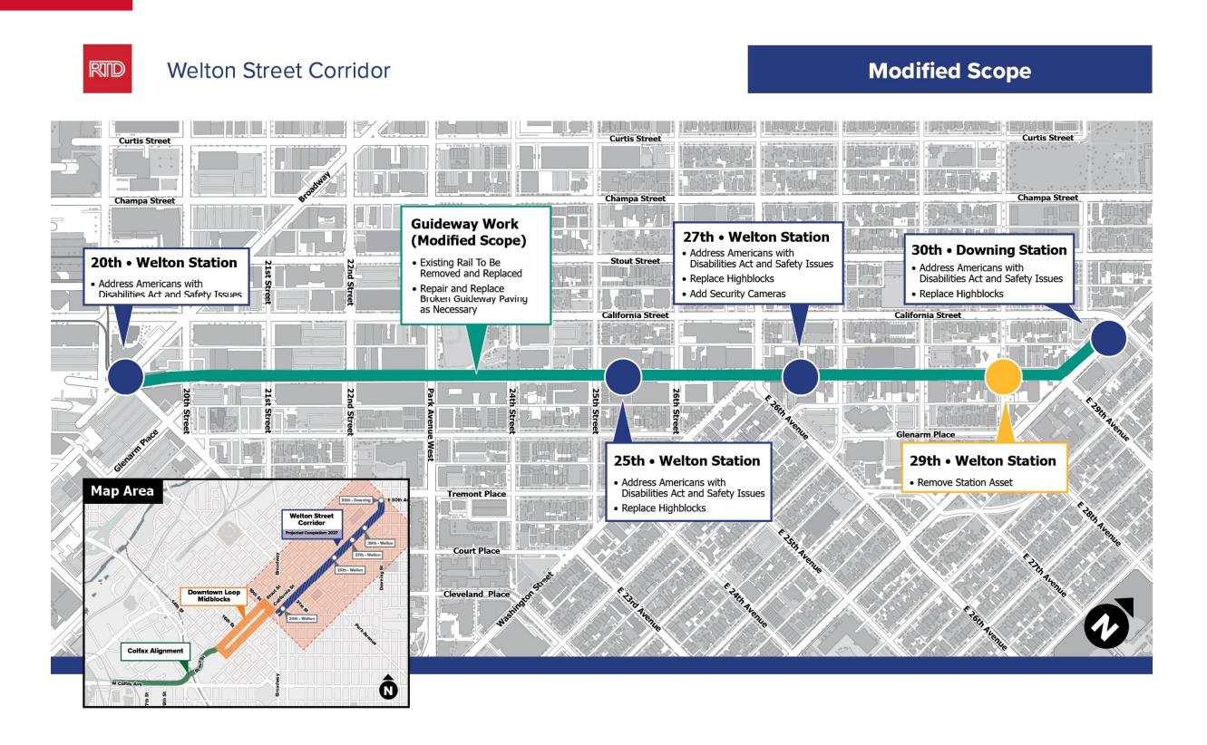RTD presentation map of the Welton Street Corridor marked “Modified Scope,” with station locations and proposed-work callouts.