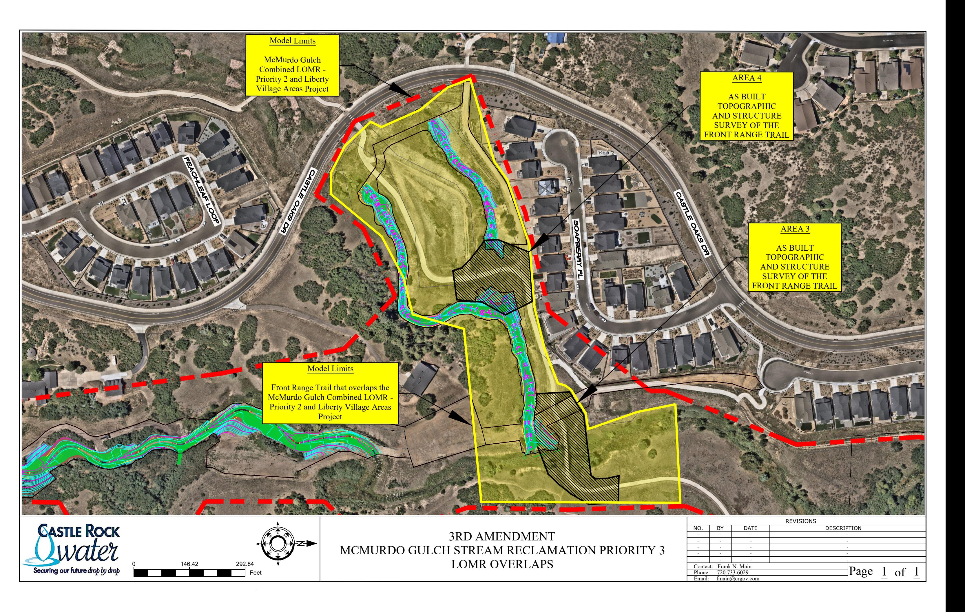 An annotated aerial map in the project packet shows a drainage corridor through a residential area, with shaded and outlined work zones.