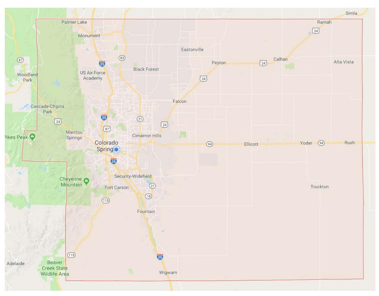 Map of the Pikes Peak Regional Building Department’s service area, centered on Colorado Springs and spanning communities across El Paso County.