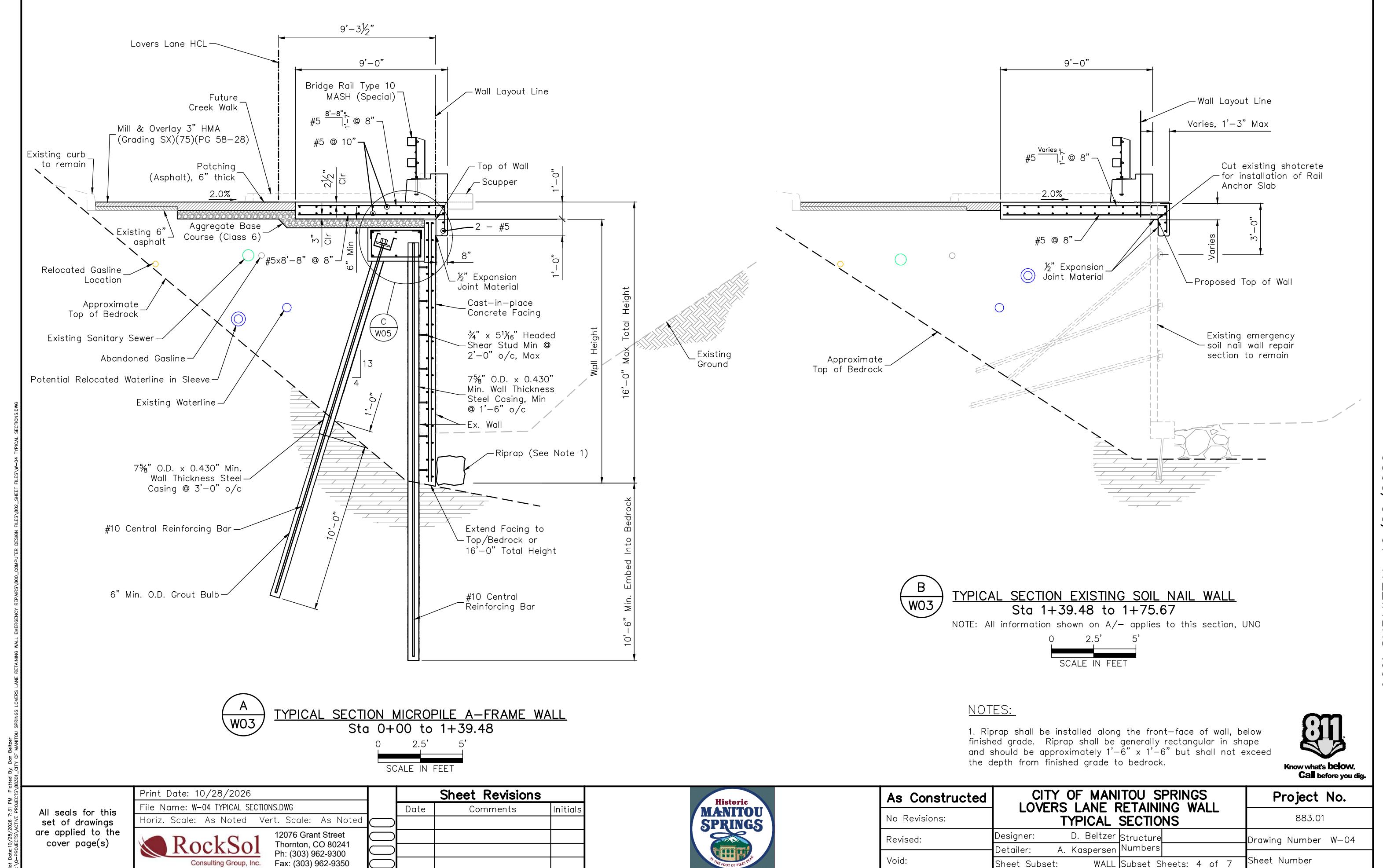 An “As Constructed” engineering sheet for Lovers Lane shows two retaining-wall sections.
